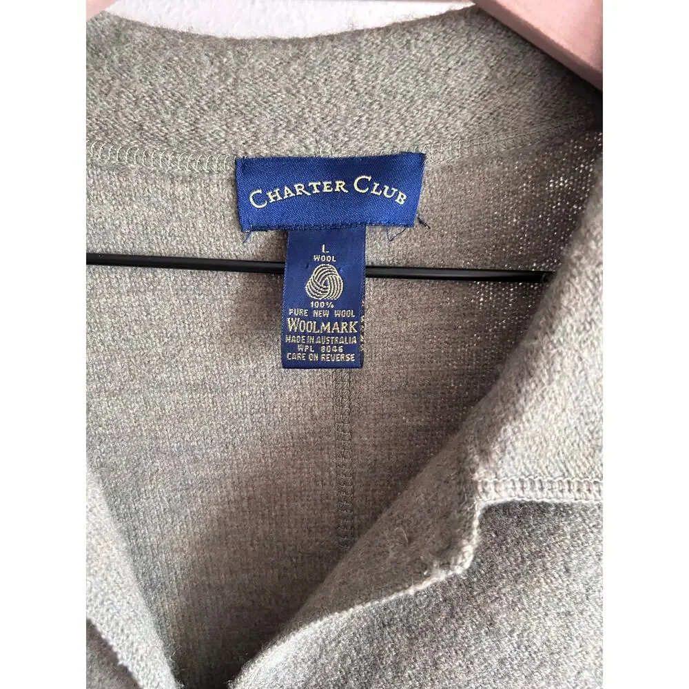 Charter Club Green Grey Pure New Wool Fisherman Cardigan L